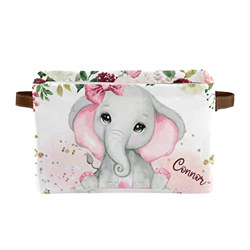 Pinkling Elephant Floral Rose Personalized Storage Bins Box Baskets with Handle Cubes Clothes Basket Box for Women Christmas Office Holiday 1 Pack