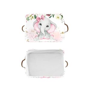 Pinkling Elephant Floral Rose Personalized Storage Bins Box Baskets with Handle Cubes Clothes Basket Box for Women Christmas Office Holiday 1 Pack