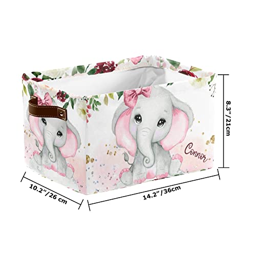 Pinkling Elephant Floral Rose Personalized Storage Bins Box Baskets with Handle Cubes Clothes Basket Box for Women Christmas Office Holiday 1 Pack