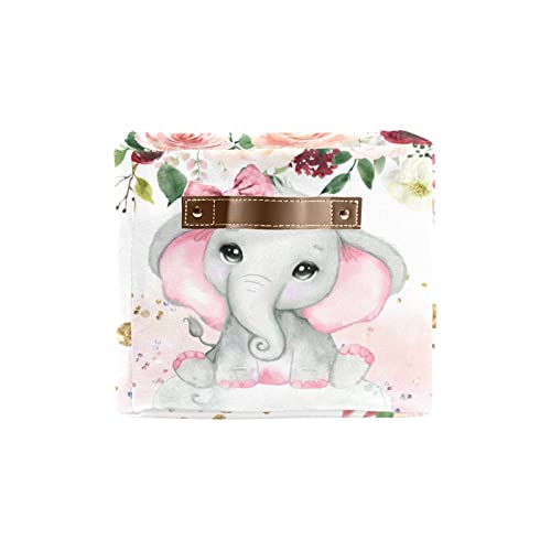 Pinkling Elephant Floral Rose Personalized Storage Bins Box Baskets with Handle Cubes Clothes Basket Box for Women Christmas Office Holiday 1 Pack