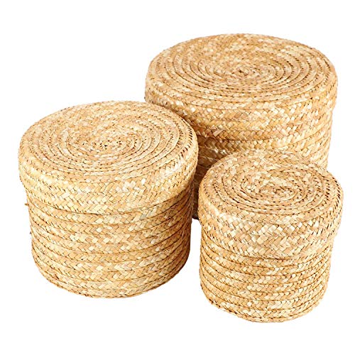 RASe 3 Pcs/Set Handmade Straw Woven Storage Basket with Lid Organizer Storage Box Laundry Baskets Rattan Storage