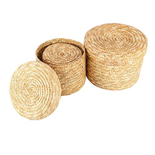 RASe 3 Pcs/Set Handmade Straw Woven Storage Basket with Lid Organizer Storage Box Laundry Baskets Rattan Storage