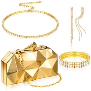 4 pieces women lattice pattern metal handbag chain geometric evening clutch purse gold rhinestone rectangle dangle earrings bridal wedding choker bracelet dangle bling glitter purse