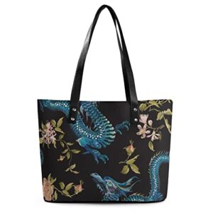 womens handbag dragons and roses leather tote bag top handle satchel bags for lady