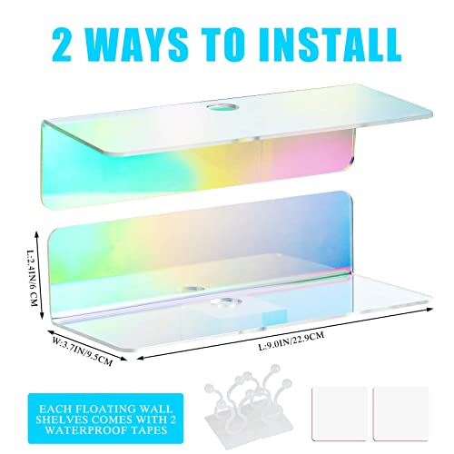 Weysat Floating Wall Shelves 9 Inch Acrylic Small Wall Shelf Hanging Shelves Adhesive Shelf Screwless Display Shelf with Cable Clips and Stickers for Bathroom, Bedroom, Office (Iridescent, 4 Pcs)