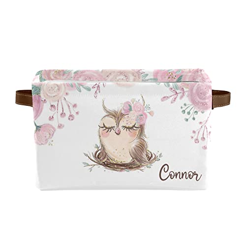 Pink Cute Floral Owl Personalized Storage Bins Box Baskets with Handle Cubes Clothes Basket Box for Women Christmas Office Holiday 1 Pack