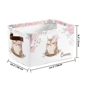 Pink Cute Floral Owl Personalized Storage Bins Box Baskets with Handle Cubes Clothes Basket Box for Women Christmas Office Holiday 1 Pack