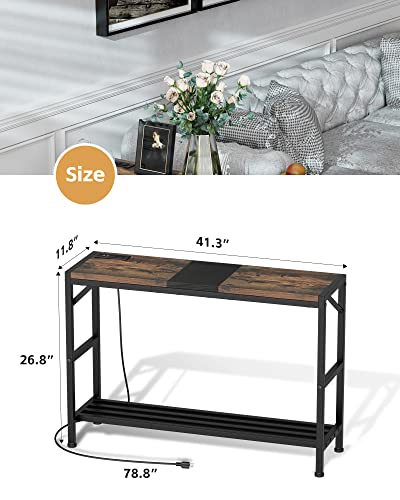 Egepon Console Table Sofa Table with Power Outlet, 41.3" Entryway Table with Shelves, Entrance Table for Entryway, Living Room, Foyer, Corridor, Front Hall, Coffee Bar, Kitchen, Rustic Brown and Black