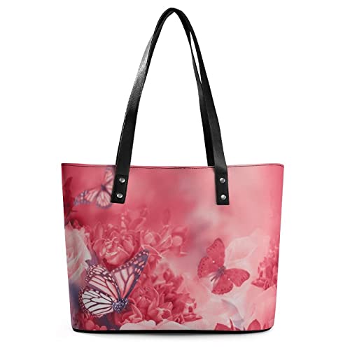 Womens Handbag Red Roses And Butterfly Leather Tote Bag Top Handle Satchel Bags For Lady