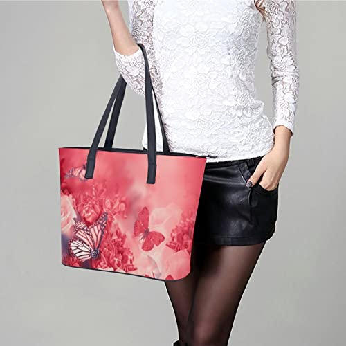 Womens Handbag Red Roses And Butterfly Leather Tote Bag Top Handle Satchel Bags For Lady