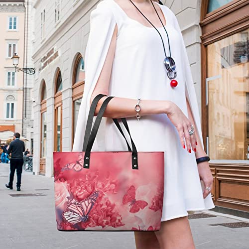 Womens Handbag Red Roses And Butterfly Leather Tote Bag Top Handle Satchel Bags For Lady