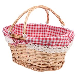 woven picnic basket with handles: wicker basket eggs candy basket with red and white gingham blanket lining for egg gathering, wedding, candy gift