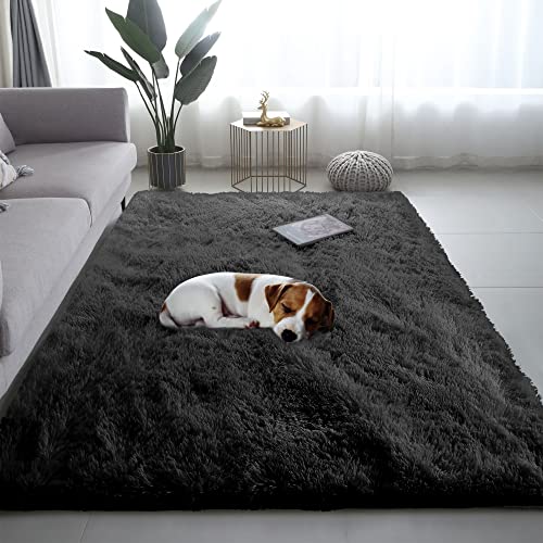 ALAISE Shaggy Area Rug Fluffy Carpets, 3x5 Feet Black Rug for Bedroom Living Room, Upgraded Anti-Slip Durable Memory Foam Throw Rug for Home Decor Kids Room Nursery Dorm Easy to Clean