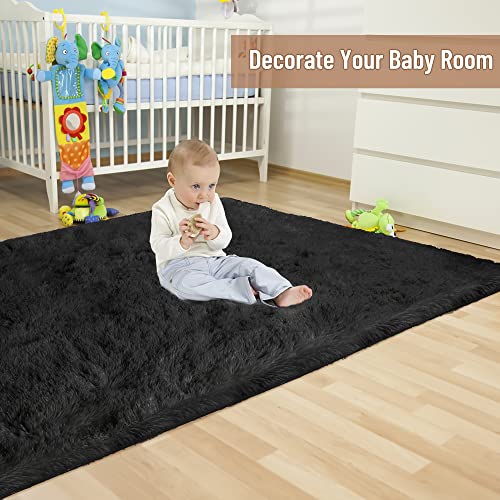 ALAISE Shaggy Area Rug Fluffy Carpets, 3x5 Feet Black Rug for Bedroom Living Room, Upgraded Anti-Slip Durable Memory Foam Throw Rug for Home Decor Kids Room Nursery Dorm Easy to Clean