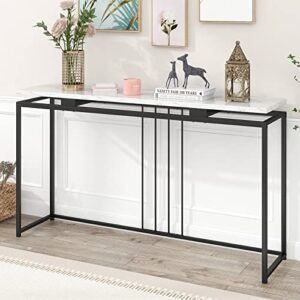 63″ modern console table, rectangular sofa side table with faux marble tabletop narrow long entryway table with black metal frame for living room, couch, hallway, foyer, kitchen counter, white+black