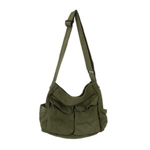 canvas tote bag hobo crossbody handbag big capacity messenger bag with multiple pockets casual shoulder bag for women men (a-army green)