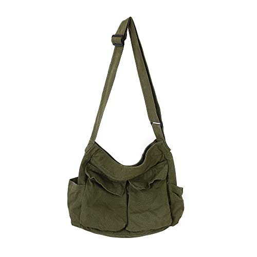 Canvas Tote Bag Hobo Crossbody Handbag Big Capacity Messenger Bag with Multiple Pockets Casual Shoulder Bag for Women Men (A-Army Green)