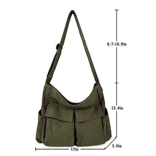 Canvas Tote Bag Hobo Crossbody Handbag Big Capacity Messenger Bag with Multiple Pockets Casual Shoulder Bag for Women Men (A-Army Green)