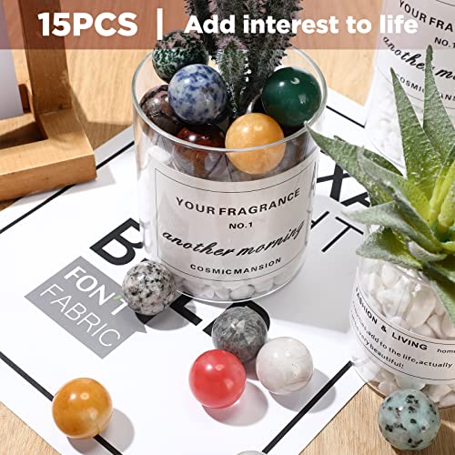 Nuenen 15 Pcs Gemstone Sphere Balls Crystals Bulk 1 Inch Polished Crystal Sphere Bulk Multi-Style Witch Ball Stones Gemstones Sphere Pocket Palm Crystals for Wicthcraft Meditation Reiki Balancing