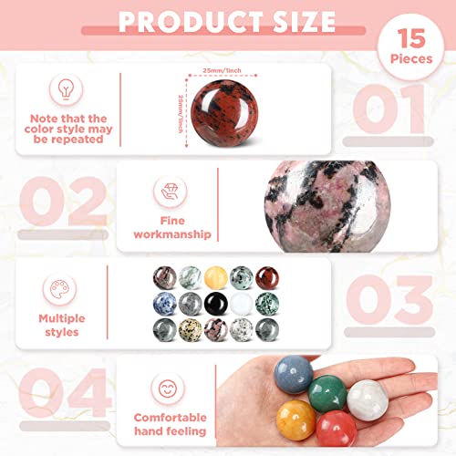 Nuenen 15 Pcs Gemstone Sphere Balls Crystals Bulk 1 Inch Polished Crystal Sphere Bulk Multi-Style Witch Ball Stones Gemstones Sphere Pocket Palm Crystals for Wicthcraft Meditation Reiki Balancing