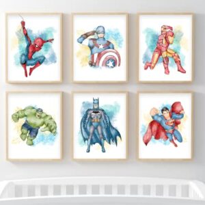 Nistio® Superhero Wall Decor, Superhero Wall Art for Boys Bedroom, Avengers Prints, Set of 6 Prints, Iron Man, Spiderman, Captain America, Hulk, Batman, Superman, Unframed, 8x10 inches