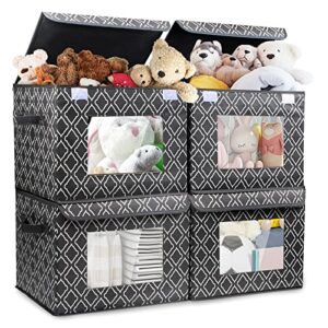 large collapsible storage bins with lids, 17″ x 12″ x 12″ fabric storage cube boxes organizer baskets with reinforce handles for clothes, toys, books, closet, shelves, kids room, office (4 pack,gray)