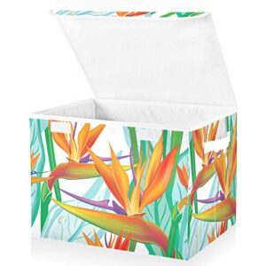 WELLDAY Birds Of Paradise Flower Storage Baskets Foldable Cube Storage Bin with Lids and Handle, 16.5x12.6x11.8 In Storage Boxes for Toys, Shelves, Closet, Bedroom, Nursery