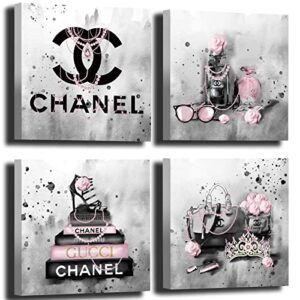 Fashion Pink Wall Decorations - Grey Wall Decor for Bedroom - Women Satchel Painting Pictures Wall Art - Book Canvas Prints for Home Decor 10"x 10"x 4 Panel