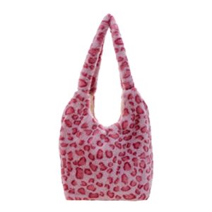 plush shoulder bag fluffy leopard print tote bag cute fuzzy underarm bag handbag bag winter for women girls pink
