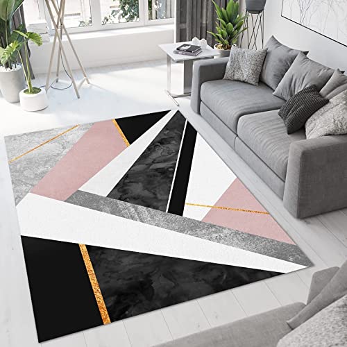 Grey White Pink Black Marble Area Rug, Light Luxury Abstract Living Room Rug, Machine Washable Carpet Non-Slip Anti-Shedding Easy to Clean Soft for Bedroom Girls Room Yoga Studio 4ftx6ft