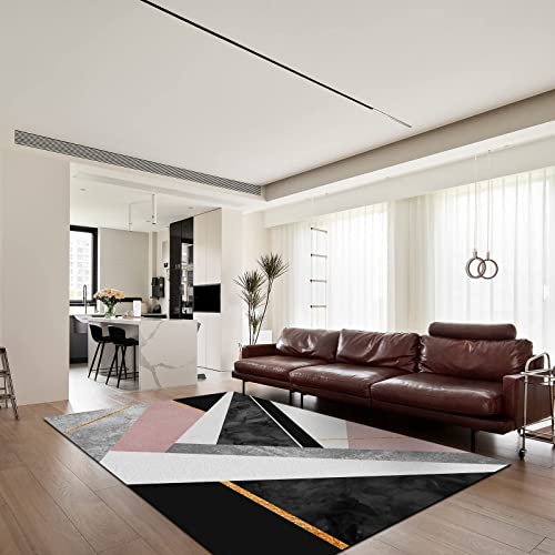 Grey White Pink Black Marble Area Rug, Light Luxury Abstract Living Room Rug, Machine Washable Carpet Non-Slip Anti-Shedding Easy to Clean Soft for Bedroom Girls Room Yoga Studio 4ftx6ft