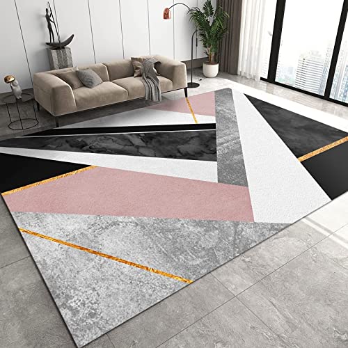 Grey White Pink Black Marble Area Rug, Light Luxury Abstract Living Room Rug, Machine Washable Carpet Non-Slip Anti-Shedding Easy to Clean Soft for Bedroom Girls Room Yoga Studio 4ftx6ft