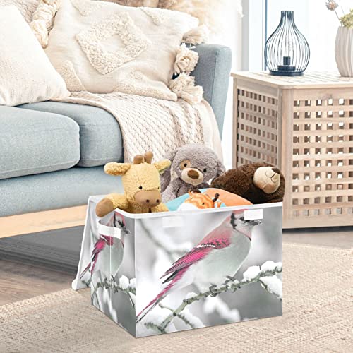 WELLDAY Winter Birds Snow Branch Storage Baskets Foldable Cube Storage Bin with Lids and Handle, 16.5x12.6x11.8 In Storage Boxes for Toys, Shelves, Closet, Bedroom, Nursery
