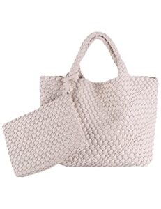 large woven tote handbags women designer vegan leather shoulder top-handle travel tote bag lady underarm shopper bags + purse beige