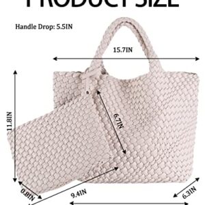 Large Woven Tote Handbags Women Designer Vegan Leather Shoulder Top-Handle Travel Tote Bag Lady Underarm Shopper Bags + Purse Beige