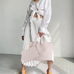 Large Woven Tote Handbags Women Designer Vegan Leather Shoulder Top-Handle Travel Tote Bag Lady Underarm Shopper Bags + Purse Beige