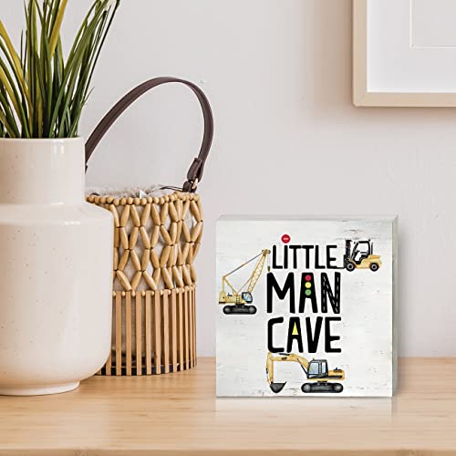 Construction Nursery Little Man Cave Wood Box Sign Construction Truck Transportation Vehicle Wooden Box Sign Plaque for Wall Desk Home Boys Room Decoration