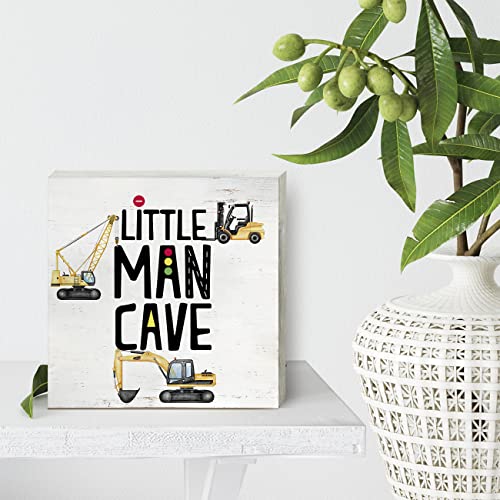 Construction Nursery Little Man Cave Wood Box Sign Construction Truck Transportation Vehicle Wooden Box Sign Plaque for Wall Desk Home Boys Room Decoration