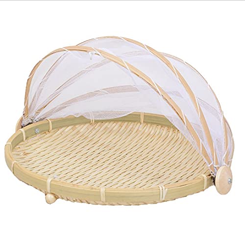 BAUHUS Round Bamboo Serving Food Tent Basket Picnic Basket Fruit Basket with net Cover Insect Proof, S