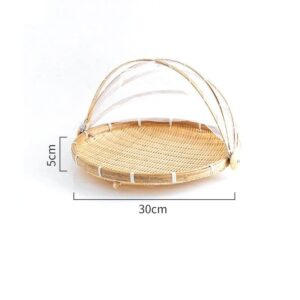 BAUHUS Round Bamboo Serving Food Tent Basket Picnic Basket Fruit Basket with net Cover Insect Proof, S