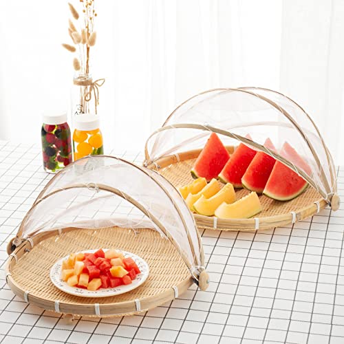 BAUHUS Round Bamboo Serving Food Tent Basket Picnic Basket Fruit Basket with net Cover Insect Proof, S