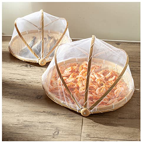 BAUHUS Round Bamboo Serving Food Tent Basket Picnic Basket Fruit Basket with net Cover Insect Proof, S