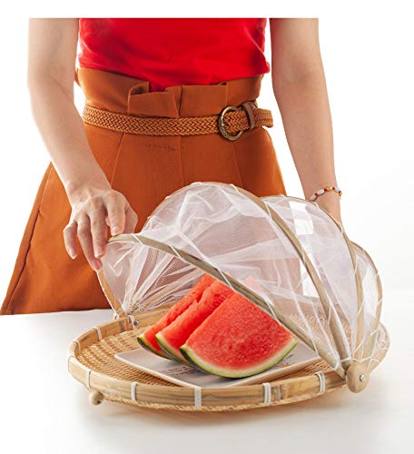 BAUHUS Round Bamboo Serving Food Tent Basket Picnic Basket Fruit Basket with net Cover Insect Proof, S