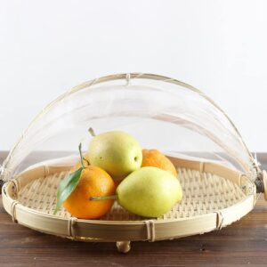 BAUHUS Round Bamboo Serving Food Tent Basket Picnic Basket Fruit Basket with net Cover Insect Proof, S