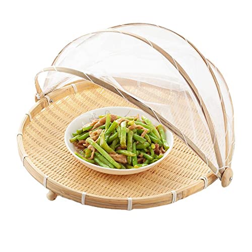 BAUHUS Round Bamboo Serving Food Tent Basket Picnic Basket Fruit Basket with net Cover Insect Proof, S