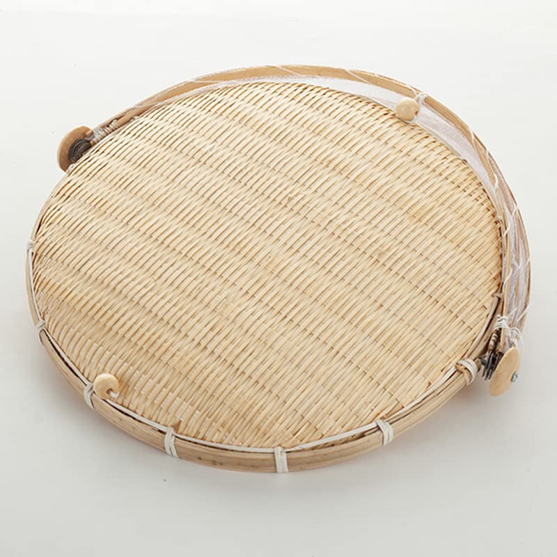 BAUHUS Round Bamboo Serving Food Tent Basket Picnic Basket Fruit Basket with net Cover Insect Proof, S