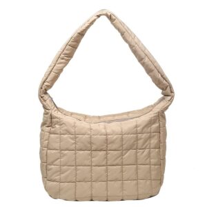 puffer bag quilted down cotton padding shoulder bag for women large puffy tote bag autumn winter lightweight crossbody handbag (khaki)