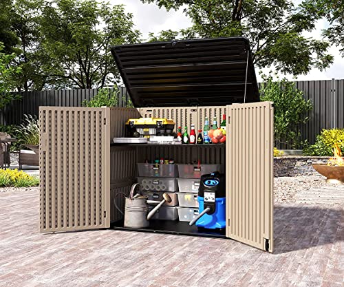 HOMSPARK Horizontal Storage Shed Weather Resistance, Multi-Purpose Outdoor Storage Box for Backyards and Patios, 38 Cubic Feet Capacity for Bike, Lawnmower, Trash Cans, Patio Accessories(Brown)