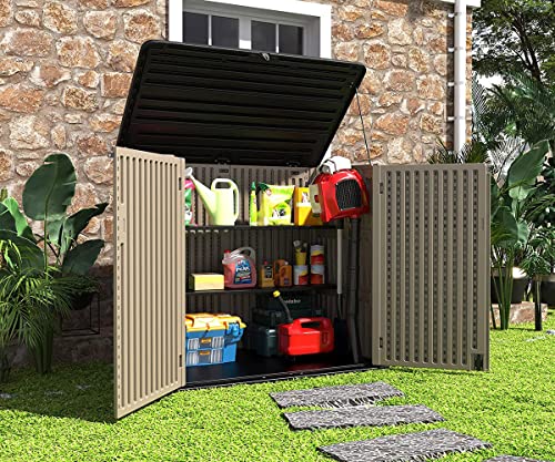 HOMSPARK Horizontal Storage Shed Weather Resistance, Multi-Purpose Outdoor Storage Box for Backyards and Patios, 38 Cubic Feet Capacity for Bike, Lawnmower, Trash Cans, Patio Accessories(Brown)