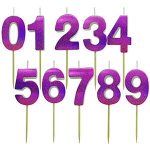 Number Candles Rainbow for Happy Birthday Cake Numbers Candle Cakes Topper Decorations Toppers Gift Wedding Party 1st First Glitter (0-9 10PCS Set, Purple Glitter)